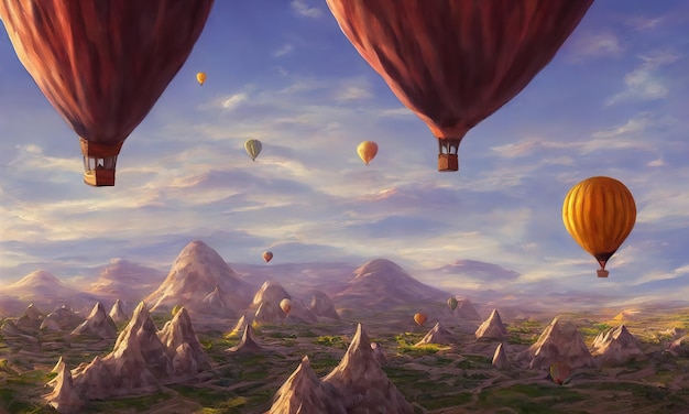 Duże balony latają nad górami Kapadocji w Turcji atrakcją turystyczną Rano niesamowity krajobraz ilustracja 3d