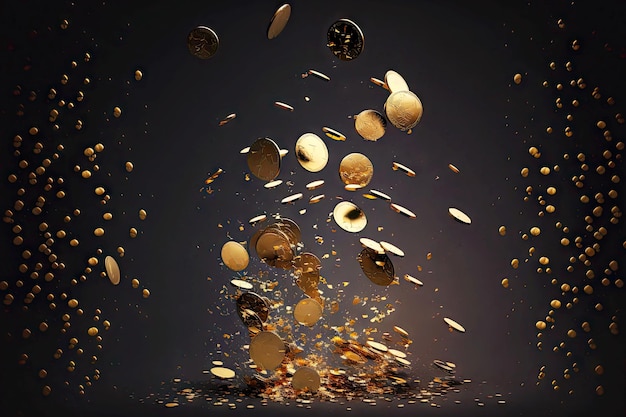 Duże błyszczące złote monety spadające na ciemne tło utworzone za pomocą generatywnej ai