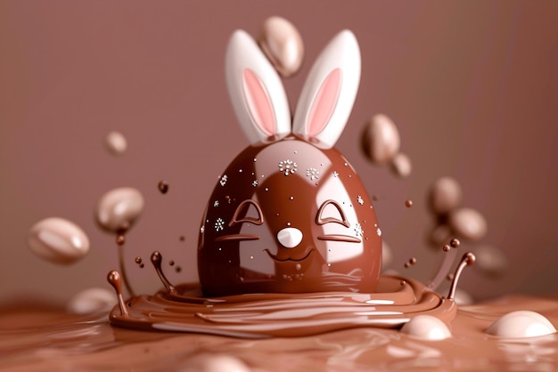 Zdjęcie duże czekoladowe jajko z uroczymi uszami królików.