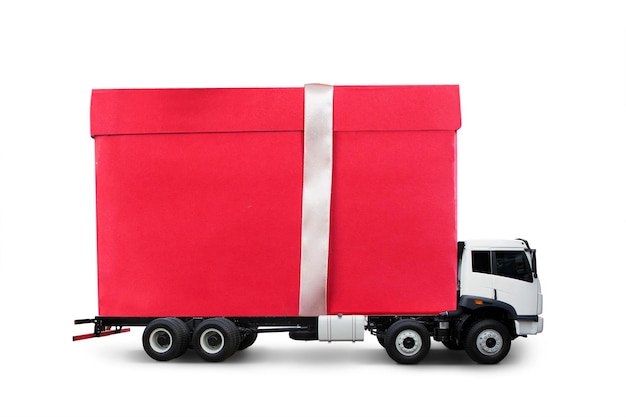 Duże czerwone paczki prezentów świątecznych na ciężarówce gotowe do dostarczenia