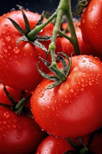 Zdjęcie duże czerwone pomidory namoczone kropelkami wody na roślinie pomidorowym z hodowli ekologicznej