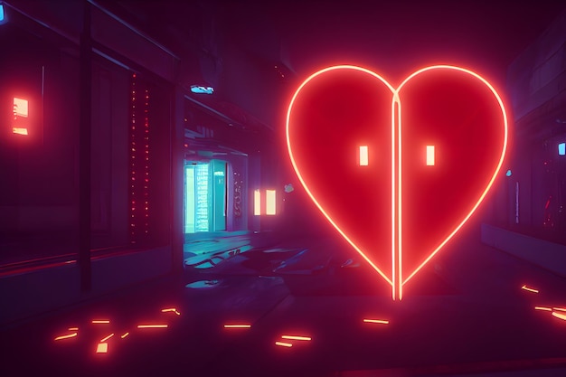 Duże czerwone świecące serce na ścianie w nocnym klubie z przyciemnionymi światłami generowanymi przez sieć neuronową