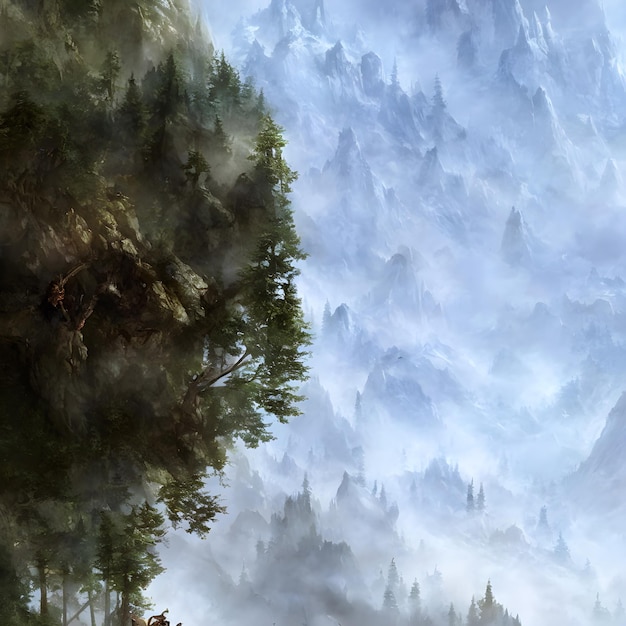 Duże drzewa i mgliste góry w lesie