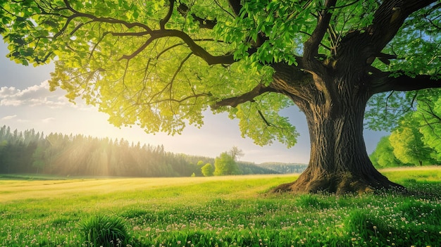 Duże drzewo ze świeżymi zielonymi liśćmi i zieloną wiosenną łąką