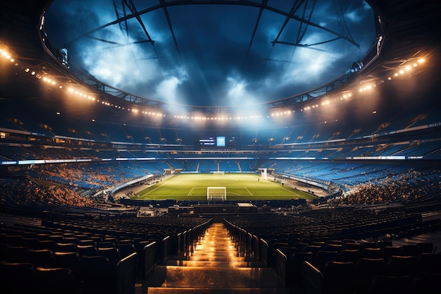 Duże fotele na stadionie piłkarskim i zdjęcie nieba za pomocą obiektywu szerokokiego kąta Zielony teren