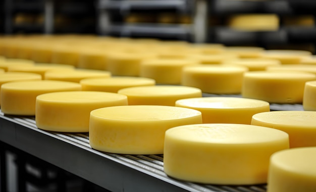 Duże koła serowe w zbliżeniu do produkcji Cheesemaker w magazynie z serem Generatywna sztuczna inteligencja