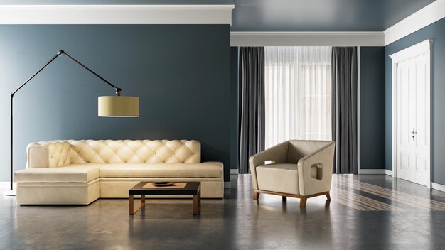 Duże luksusowe, nowoczesne, jasne wnętrza, model salonu, ilustracja, rendering 3D
