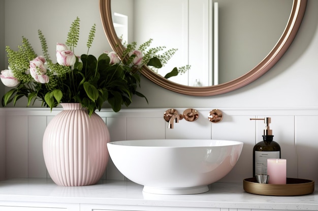 Duże lustro nad umywalką w eleganckiej łazience