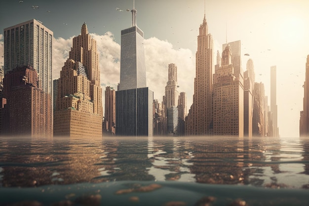 Duże miasto zalane wodą z powodu globalnego ocieplenia Generative AI