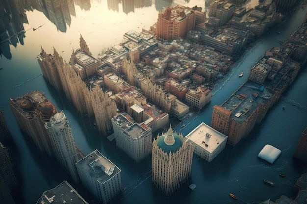 Duże miasto zalane wodą z powodu globalnego ocieplenia Generative AI