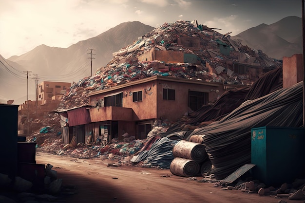 Duże miejskie wysypisko z górami gnijących i przepełnionych śmieci