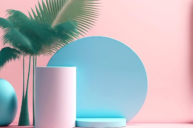 Duże niebieskie kółko w formie trójwymiarowego streszczenia cokołu z różowymi cylindrycznymi palmami i słońcem