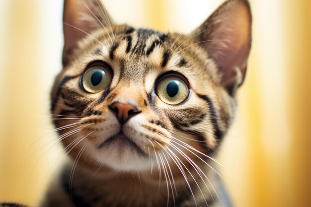 Duże oczy sceptycznego kota Myśląca zabawna twarz Tabby