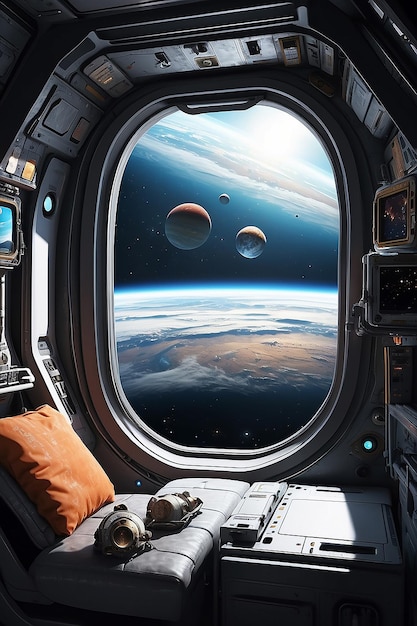 Duże okno wahadłowca na statku kosmicznym z widokiem na inne planety
