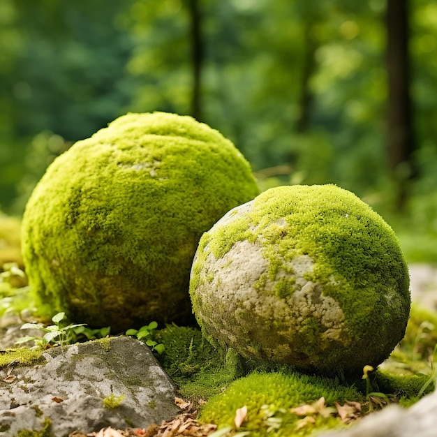 Duże okrągłe kamienie mosowe na tle lasu lub przyrody