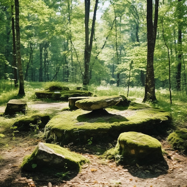 Duże okrągłe kamienie mosowe na tle lasu lub przyrody