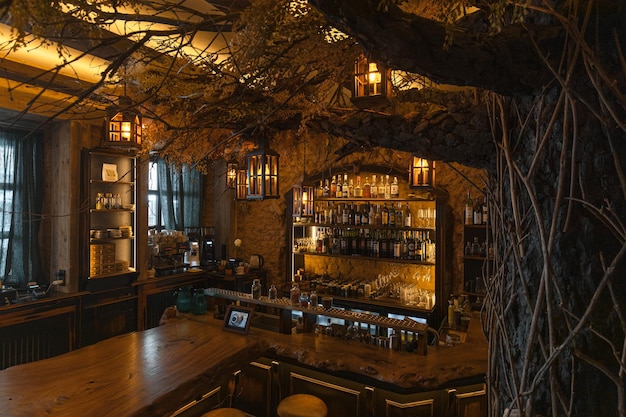 Duże stare drzewo ozdobne i pusty bar w restauracji?