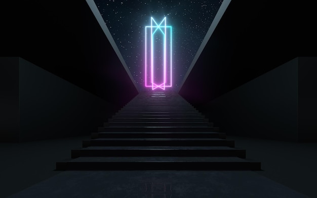 Duże stopnie ze świecącymi neonowymi liniami renderowania 3d