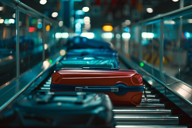 Zdjęcie duże walizki na pasie przenośnym bagażu lotniska