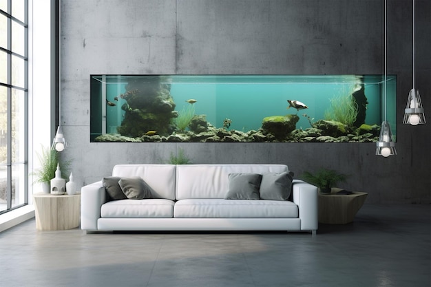 Duże wbudowane akwarium z rybami i roślinami w stylowym salonie