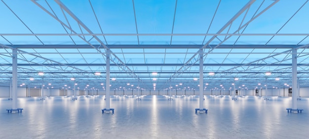 Duże wnętrze szklarni przemysłowej Hydroponiczna fabryka warzyw w pomieszczeniach Farma zielonej sałaty Betonowa podłoga Renderowanie 3D