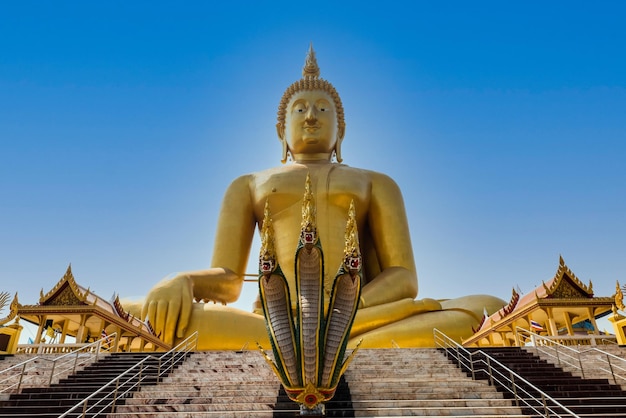 Duże złote posągi Buddy z wężem z przodu w stringach Tajlandia xA