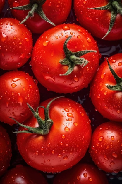 Dużo dojrzałych czerwonych pomidorów widoczne krople wody generują ai