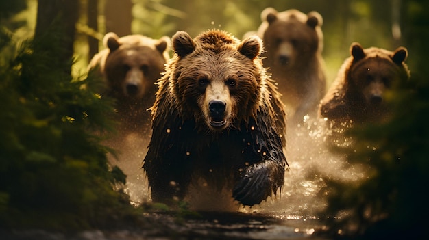 dużo niedźwiedzi brunatnych spacerujących po lesie. Generacyjna sztuczna inteligencja