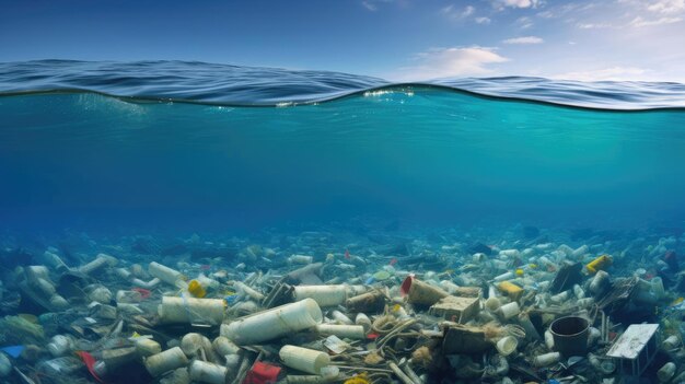 Zdjęcie dużo plastikowych śmieci w wodzie oceanu