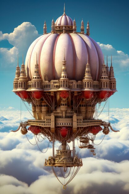 Duży balon pływający nad miastem na niebie z tłem niebieskim Generatywna sztuczna inteligencja