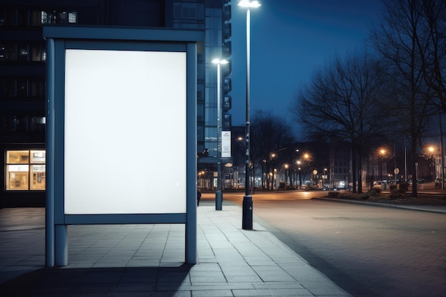 Duży biały billboard jest widocznie wyświetlany na poboczu drogi, przyciągając uwagę przechodniów Pionowy biały bilbord pionowy na przystanku autobusowym na ulicy miejskiej