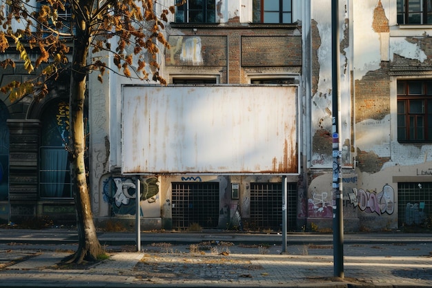 Zdjęcie duży biały billboard stoi przed budynkiem z graffiti na ścianach