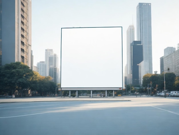 Duży biały billboard znajduje się w mieście z miastem w tle.