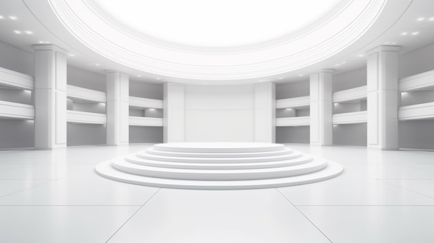 Duży biały pokój z pustym podium pośrodku