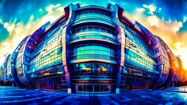 Duży budynek z dużą ilością okien i niebieskim niebem w tle Generative AI