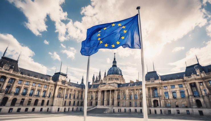 Zdjęcie duży budynek z niebieską flagą latającą przed nim