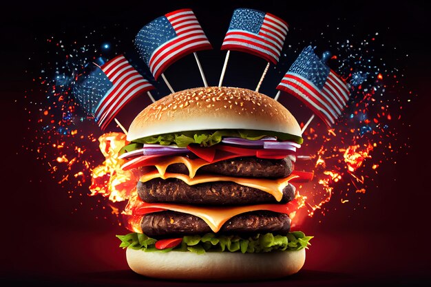 Duży burger z trzema soczystymi pasztecikami wołowymi połączonymi z szaszłykami fajerwerków amerykańskiej flagi Generative Ai