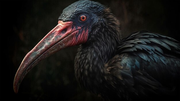 Duży ciemny ptak z czerwonym dziobem Ibis łysy wygenerowany AI