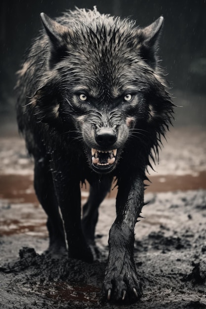 Duży czarny wilk warczący w deszczu Generacyjna sztuczna inteligencja