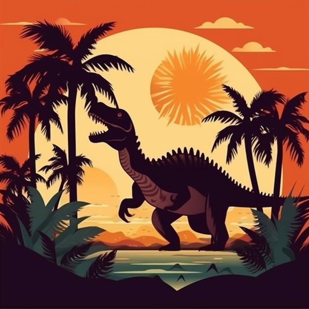 Zdjęcie duży dinozaur idący po plaży obok palmy