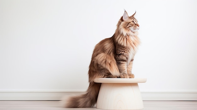 Duży dorosły brązowy kot Maine Coon siedzi na lekkim drewnianym stołku z buków i patrzy w ramę na przestrzeń do kopiowania