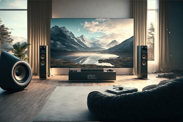 Zdjęcie duży ekran ścienny w nowoczesnym telewizorze do salonu w luksusowym wnętrzu generatywnym ai