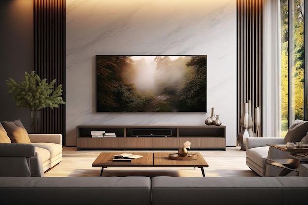Duży ekran telewizyjny montowany na ścianie we współczesnym salonie generatywnej sztucznej inteligencji