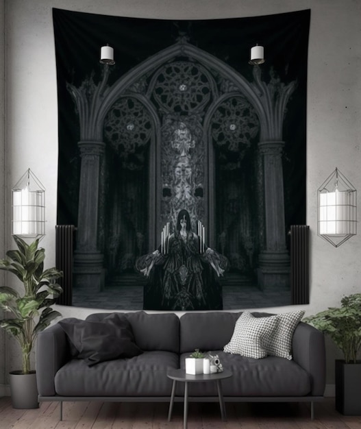 Duży gobelin z gotyckim wizerunkiem kobiety na krześle.