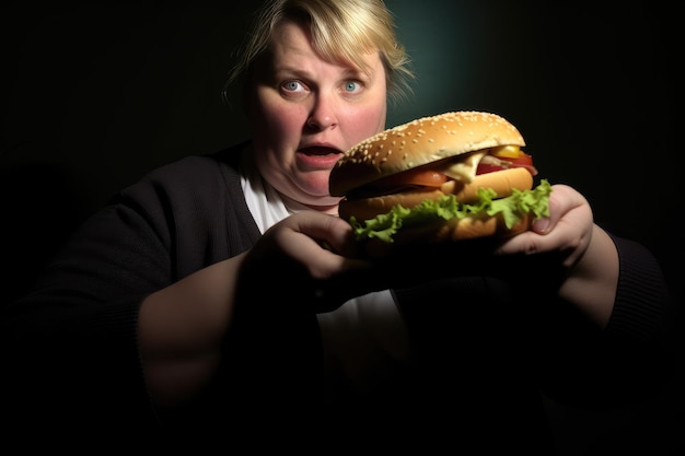 Duży hamburger i kobieta z nadwagą Świadomość otyłości w wyniku niezdrowych nawyków żywieniowych i spożywania fast foodów Generacyjna AI