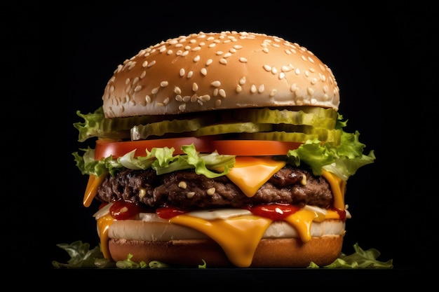 Duży hamburger na czarnym tle