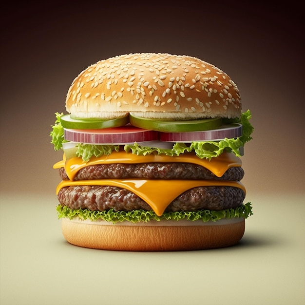 Duży hamburger z brązowym tłem i zieloną sałatą.