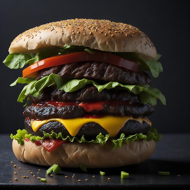 Duży hamburger z sałatą, pomidorem i serem.