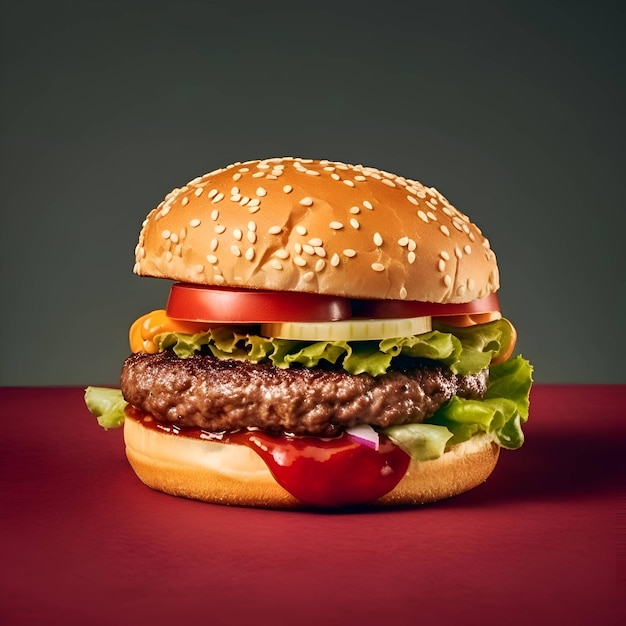 Duży hamburger z wołowiną, sałatką pomidorową i serem na czerwonym tle