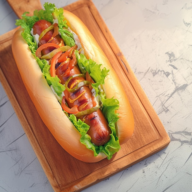 Duży hotdog z chrupiącą sałatką przedstawiony na drewnianej desce do cięcia dla mediów społecznościowych